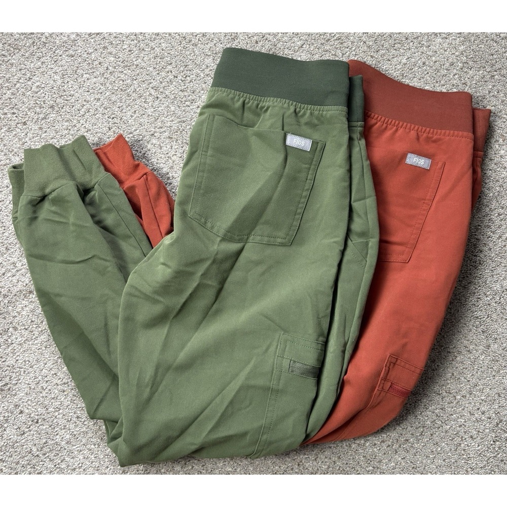 Lot Of 2 Figs XS Zamora Jogger Scrub‎ Pants Auburn Orange Dark Olive Green Rare